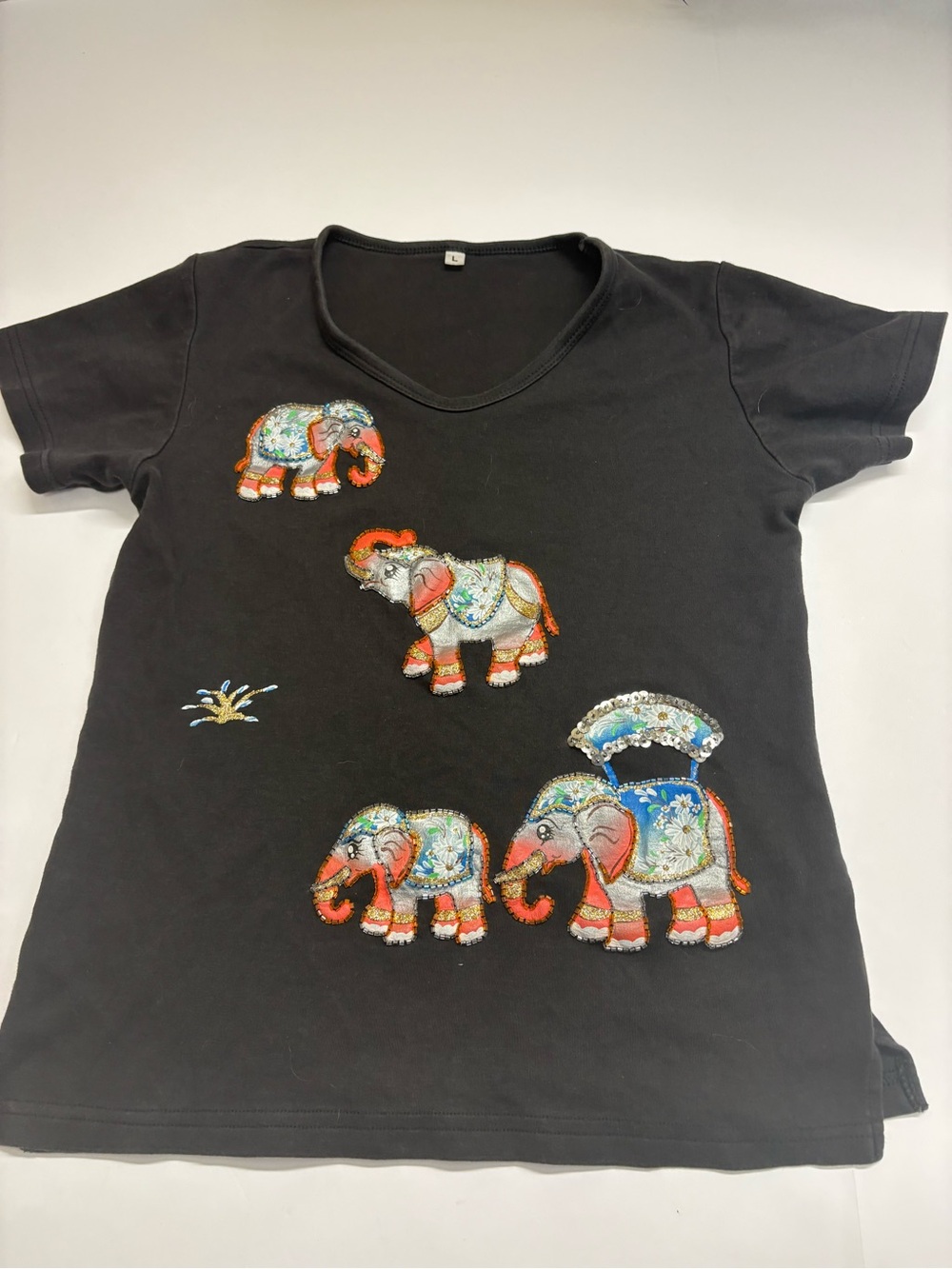 Black Kids Tee with Colorful Embellished Elephants